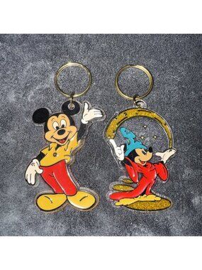 2 Vintage Disney Mickey Mouse Sorcerer Keychain 1980’s  Enamel Plastic Wizard 4”